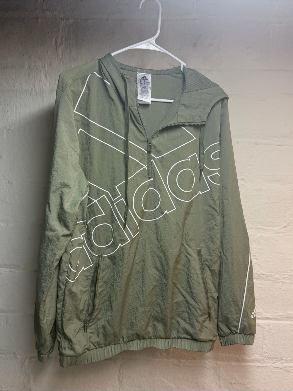 Vintage adidas Olive Green Hooded Windbreaker with White Stripe Detail